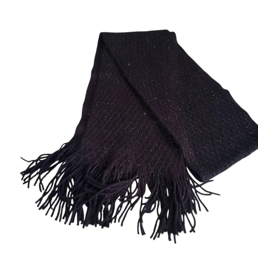 Women's Leather Black Gloves / Black Metallic Scarf